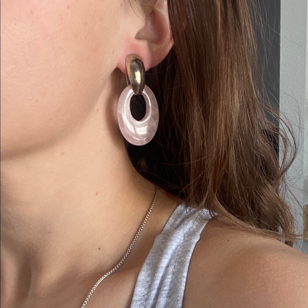 Vintage Chunky Pink Quartz Oval Drop Earrings Gold Tone Chic Statement earrings